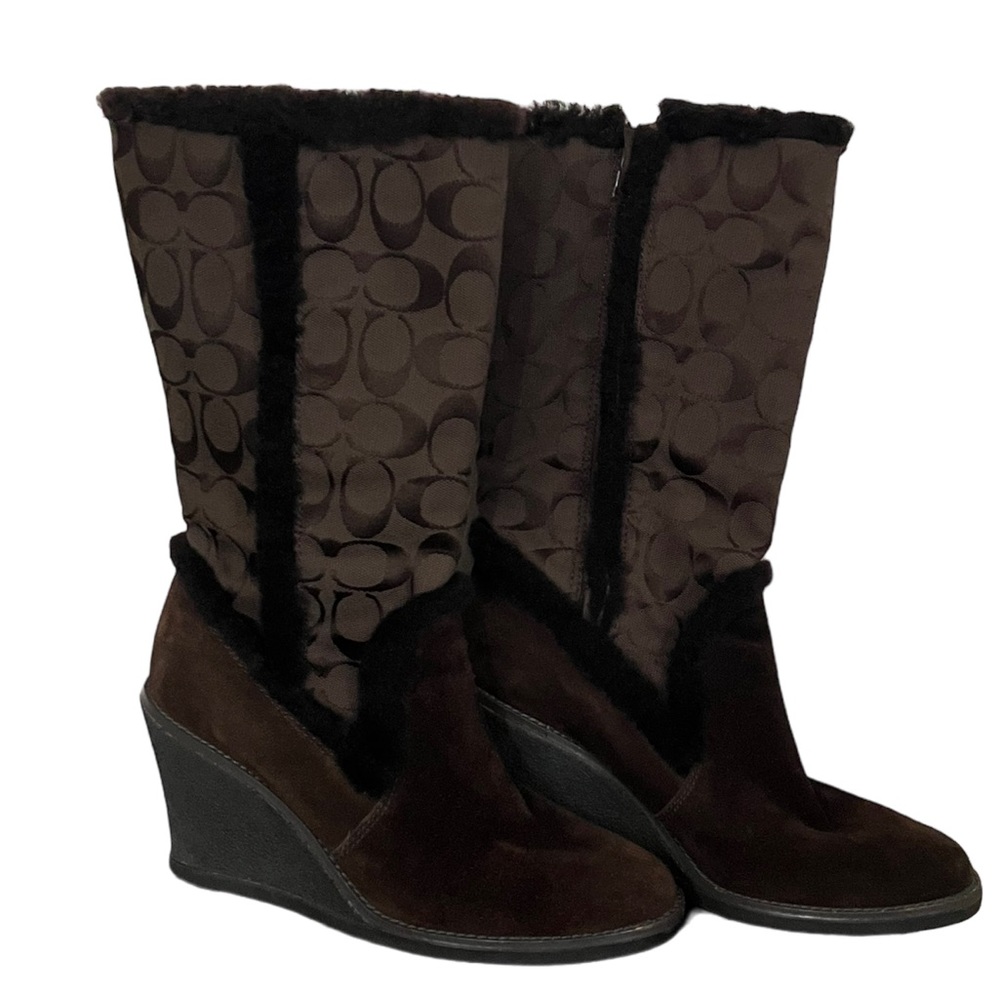 Coach Brown Monogram C Logo Jordana W123Sheepskin Suede Zip Wedges 7 1/2M No box - Picture 3 of 12